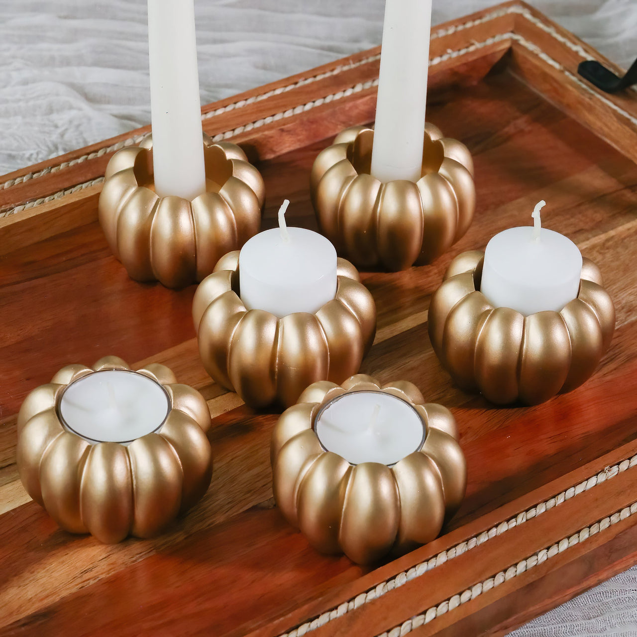 2-in-1 Pumpkin Tealight/Candlestick Holder (Set of 6) - Gold | Kate Aspen | Alt Image 3