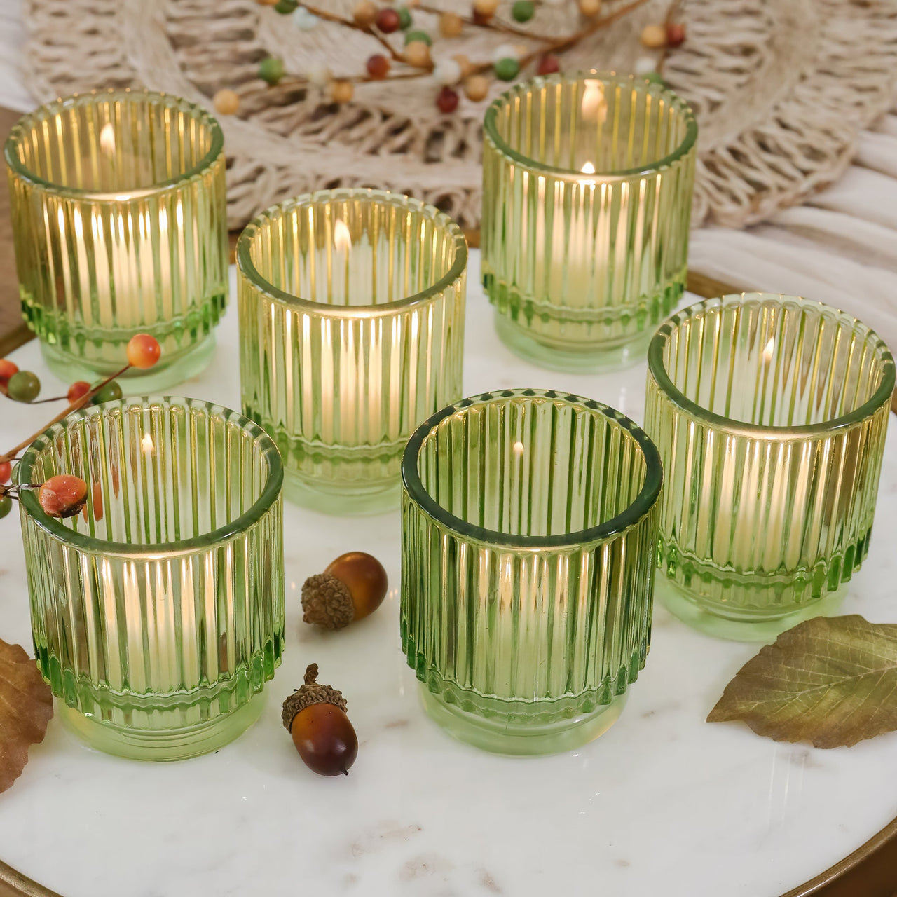 Ribbed Green Glass Votive Candle Holder (Set of 6) | Kate Aspen | Main Image